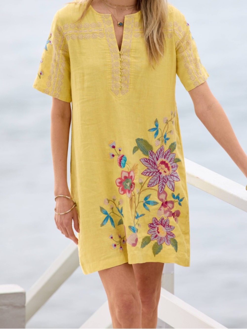 JOHNNY WAS SEAMED BUTTON NECK LINED DRESS SOFT CITRON - L